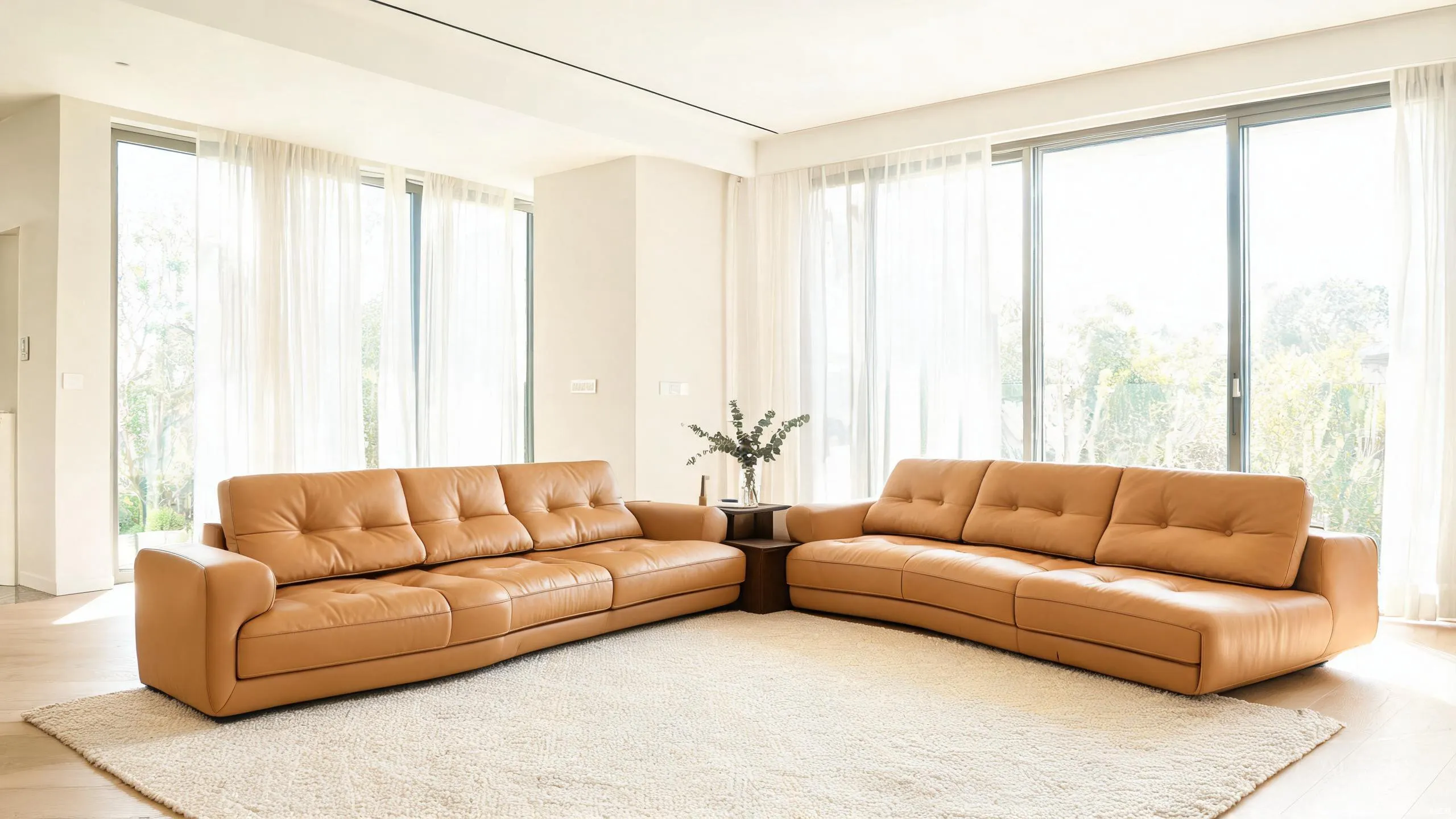 Tan leather sofa group beside large windows in a bright living room