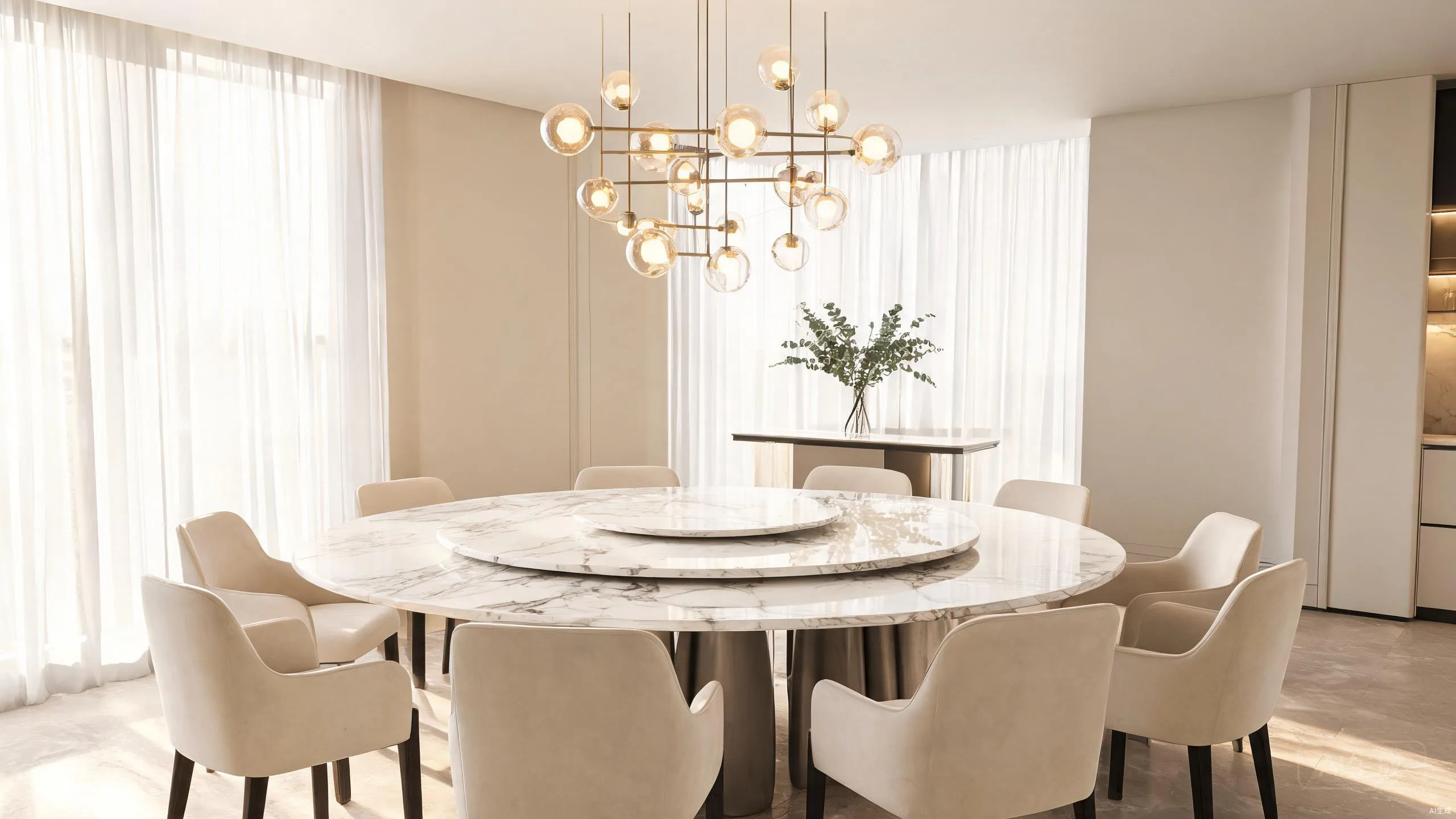Round dining table and upholstered chairs in a bright dining room