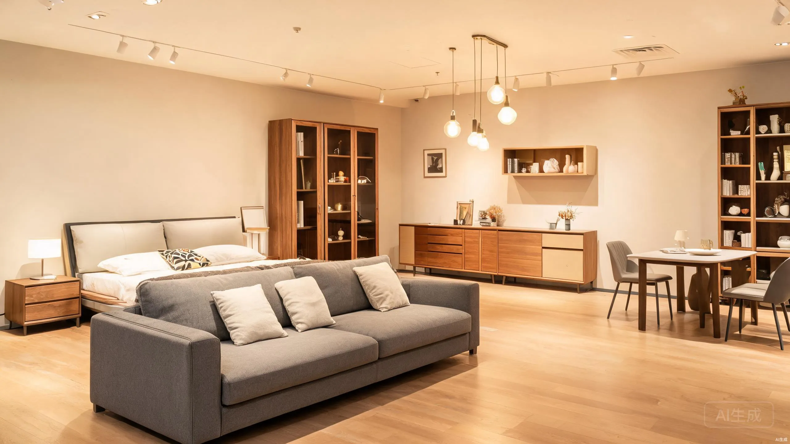 Sofa, bed, dining furniture and storage arranged within a furnished interior