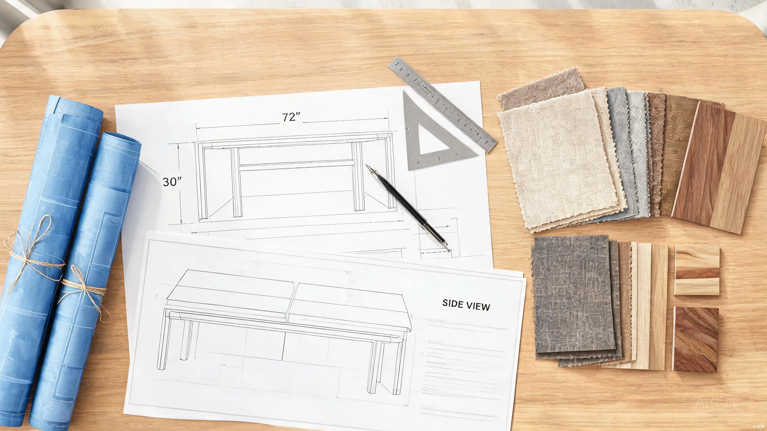Furniture drawing, measuring tools and material references arranged on a desk