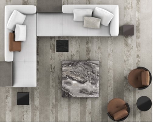 Overhead catalogue view of an L-shaped sofa with two chairs beside a central table