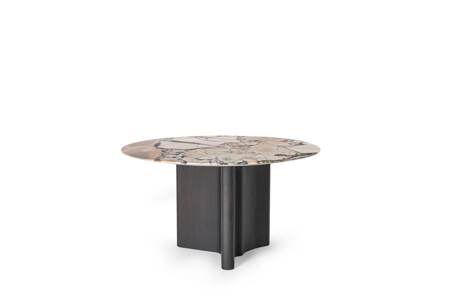 Round heavily veined marble dining table on a dark sculptural pedestal