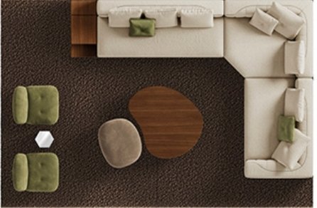 Overhead catalogue plan showing an L-shaped sofa, two chairs and central coffee tables