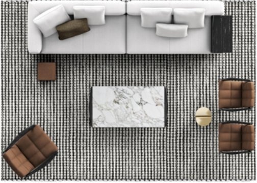 Overhead catalogue view of a straight sofa with two chairs opposite a central table