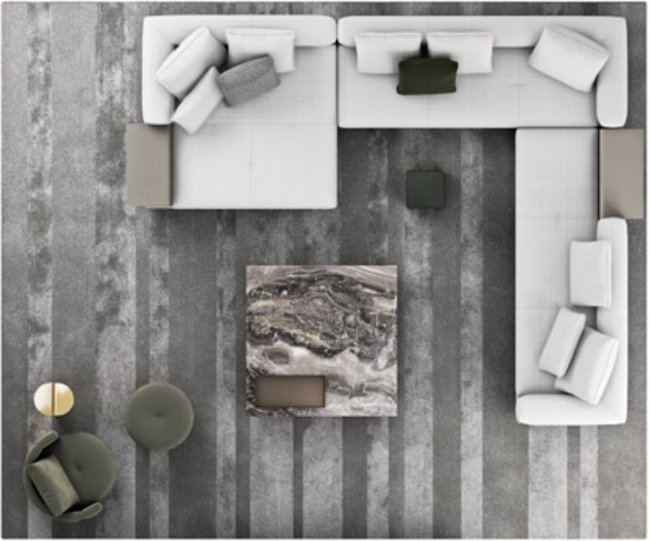 Overhead catalogue view of a pale U-shaped sofa arrangement with central tables