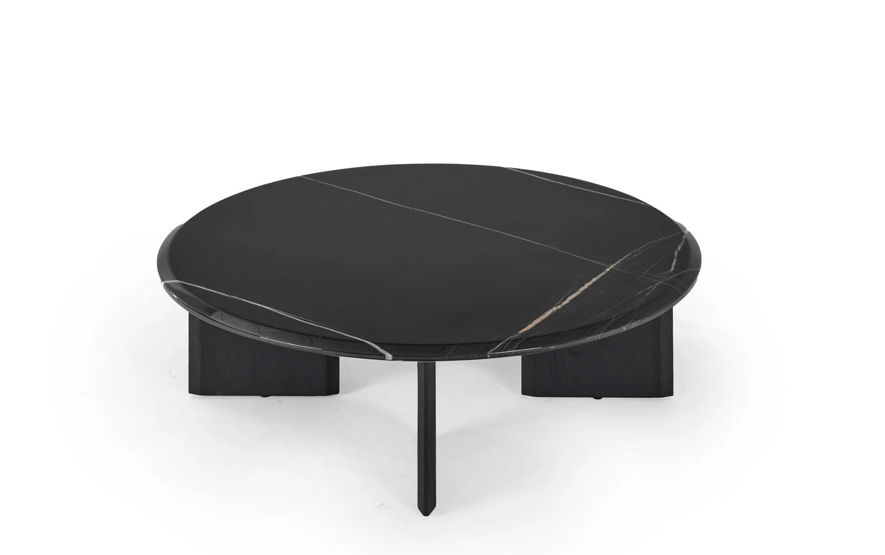 Low black round coffee table with a circular top and central base