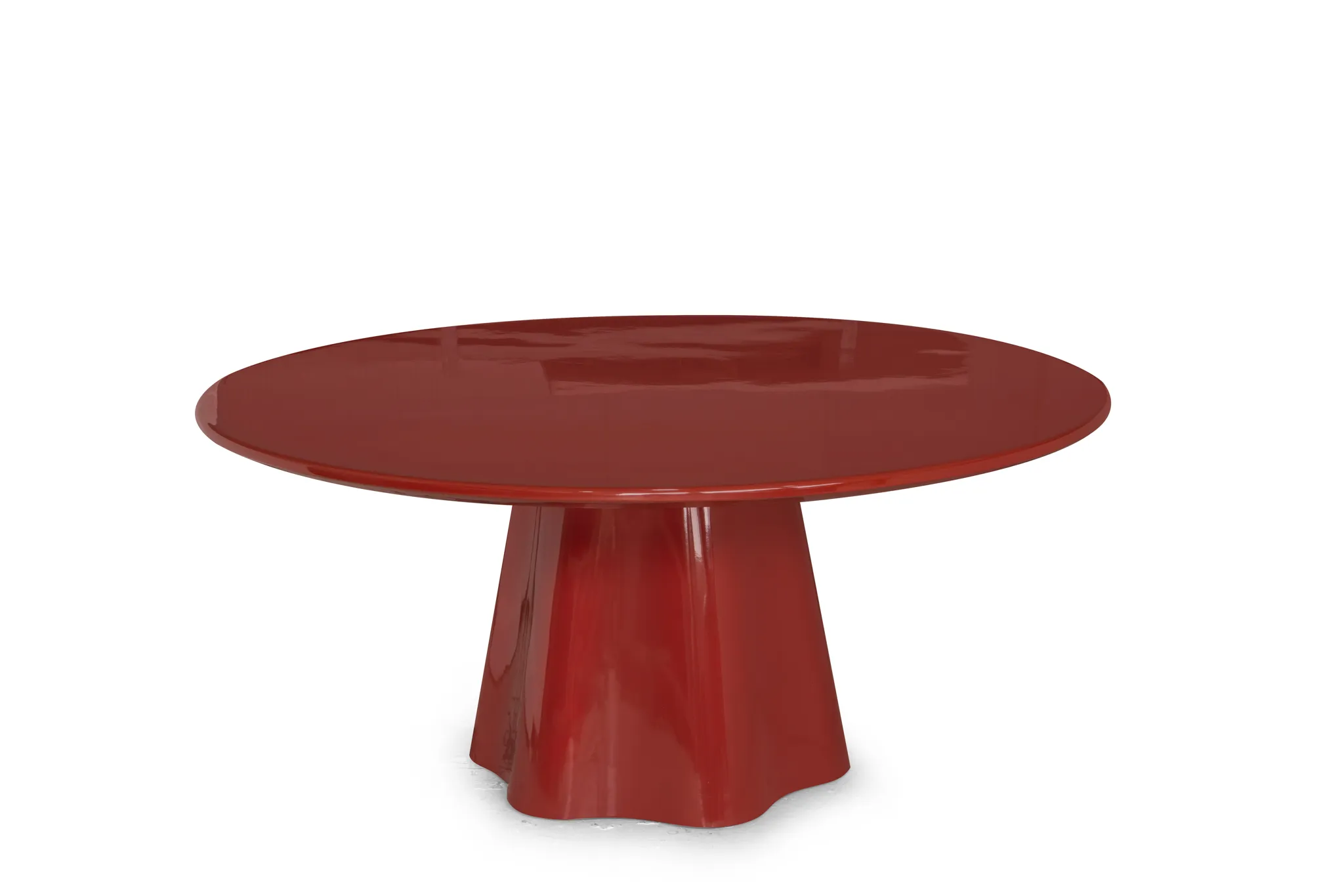 Red round table with a circular top and central pedestal base