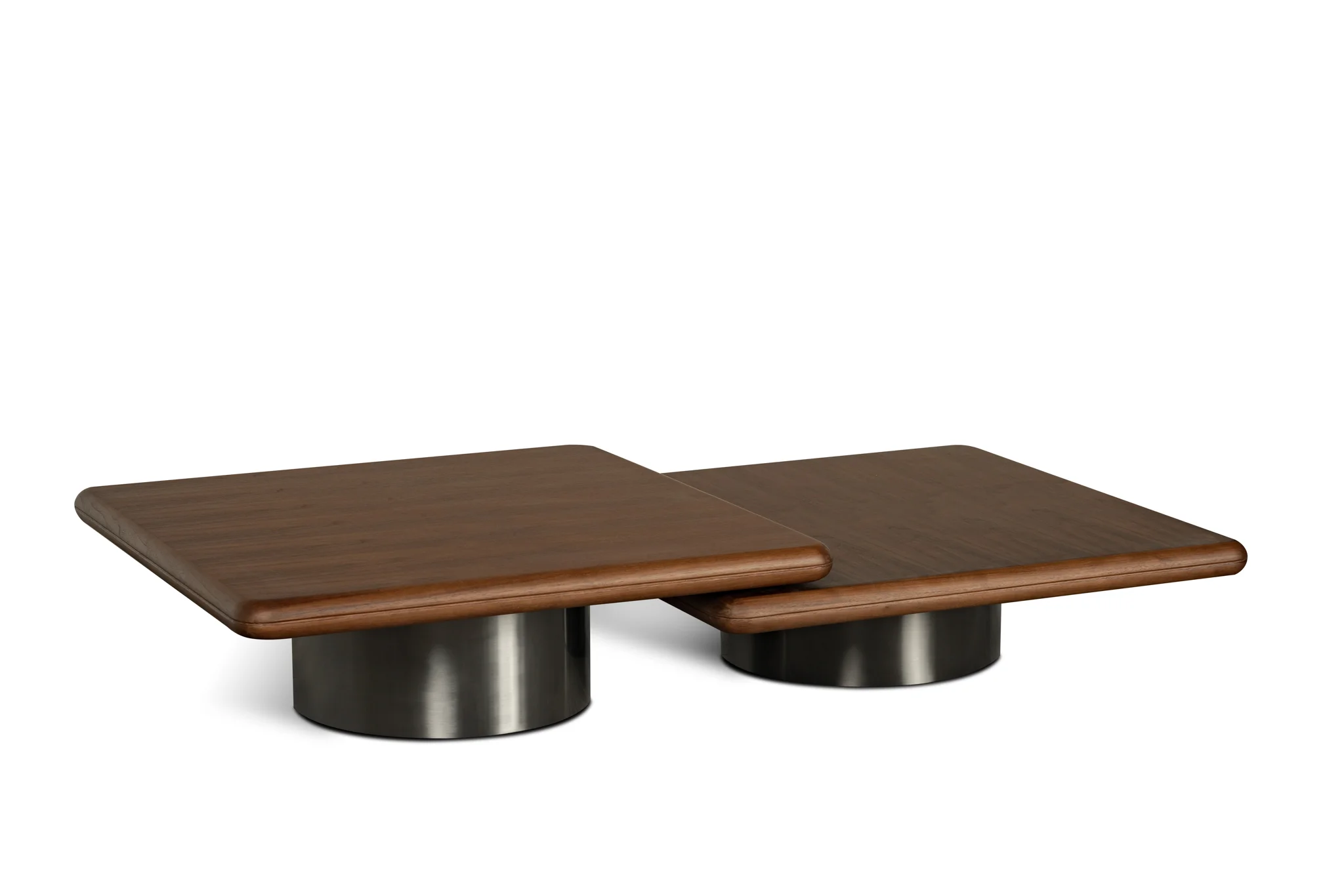 Low coffee table with overlapping wood surfaces and cylindrical metal supports
