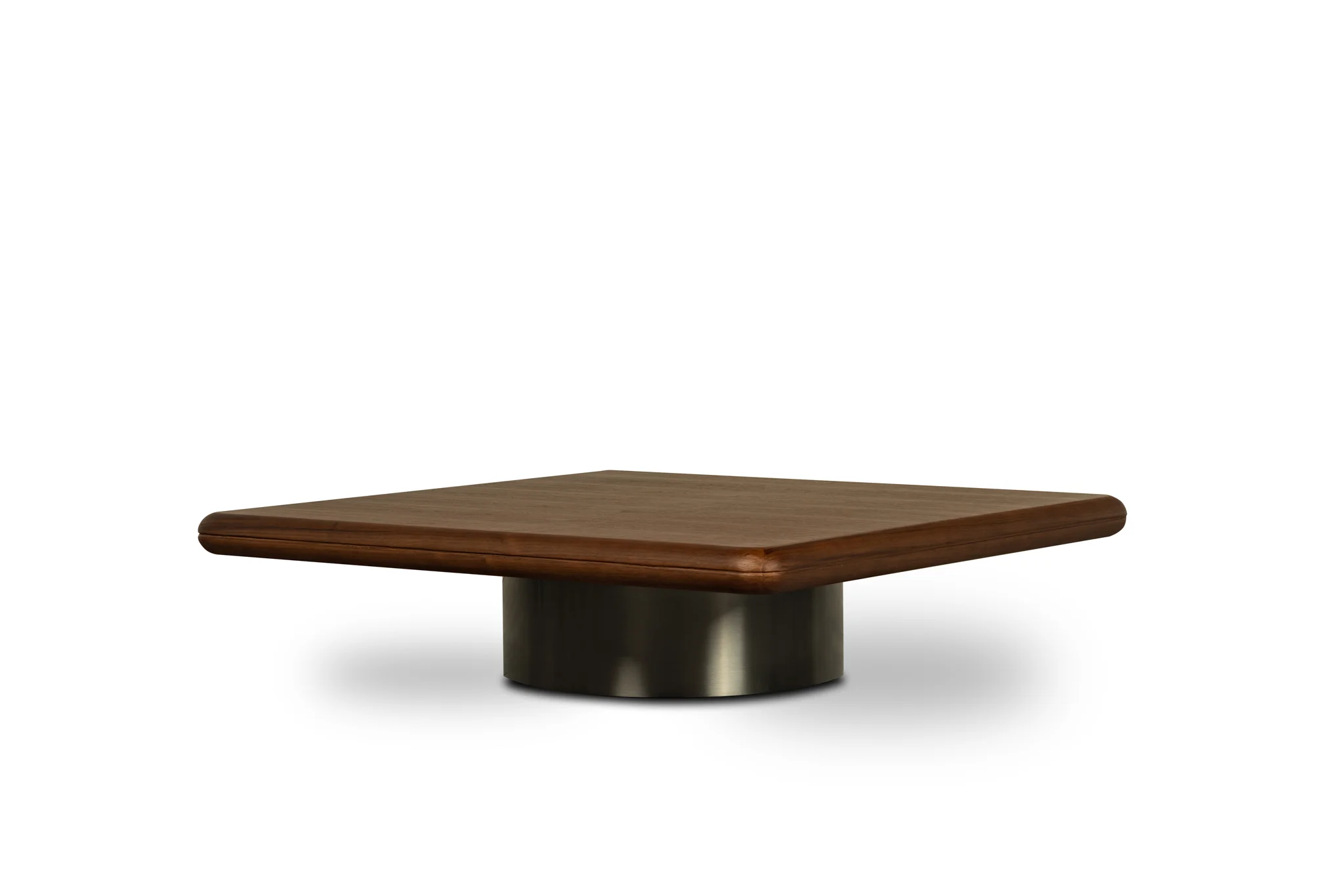 Low coffee table with a broad brown rectangular top and a short central base