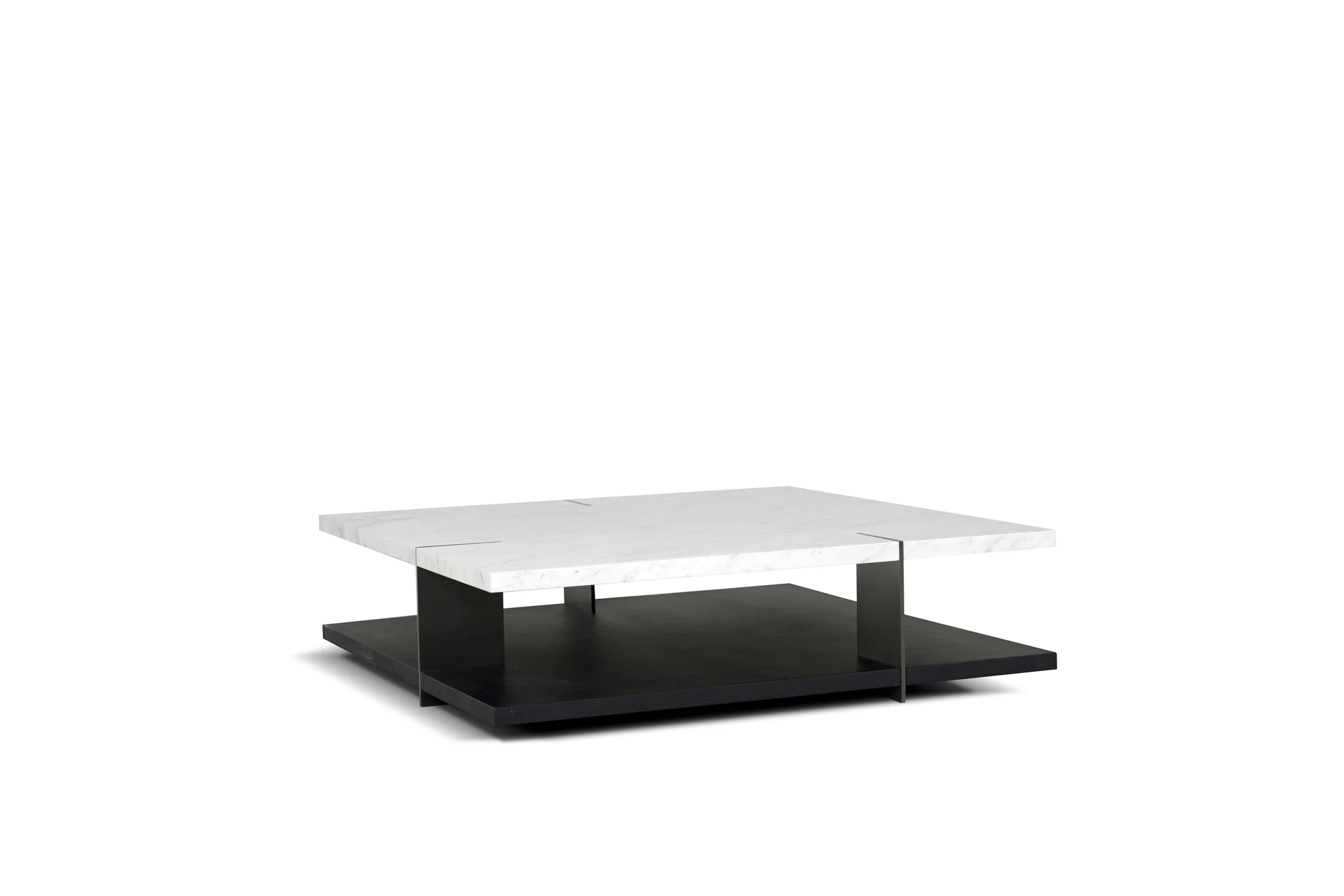 Pale rectangular low coffee table with a dark open support frame
