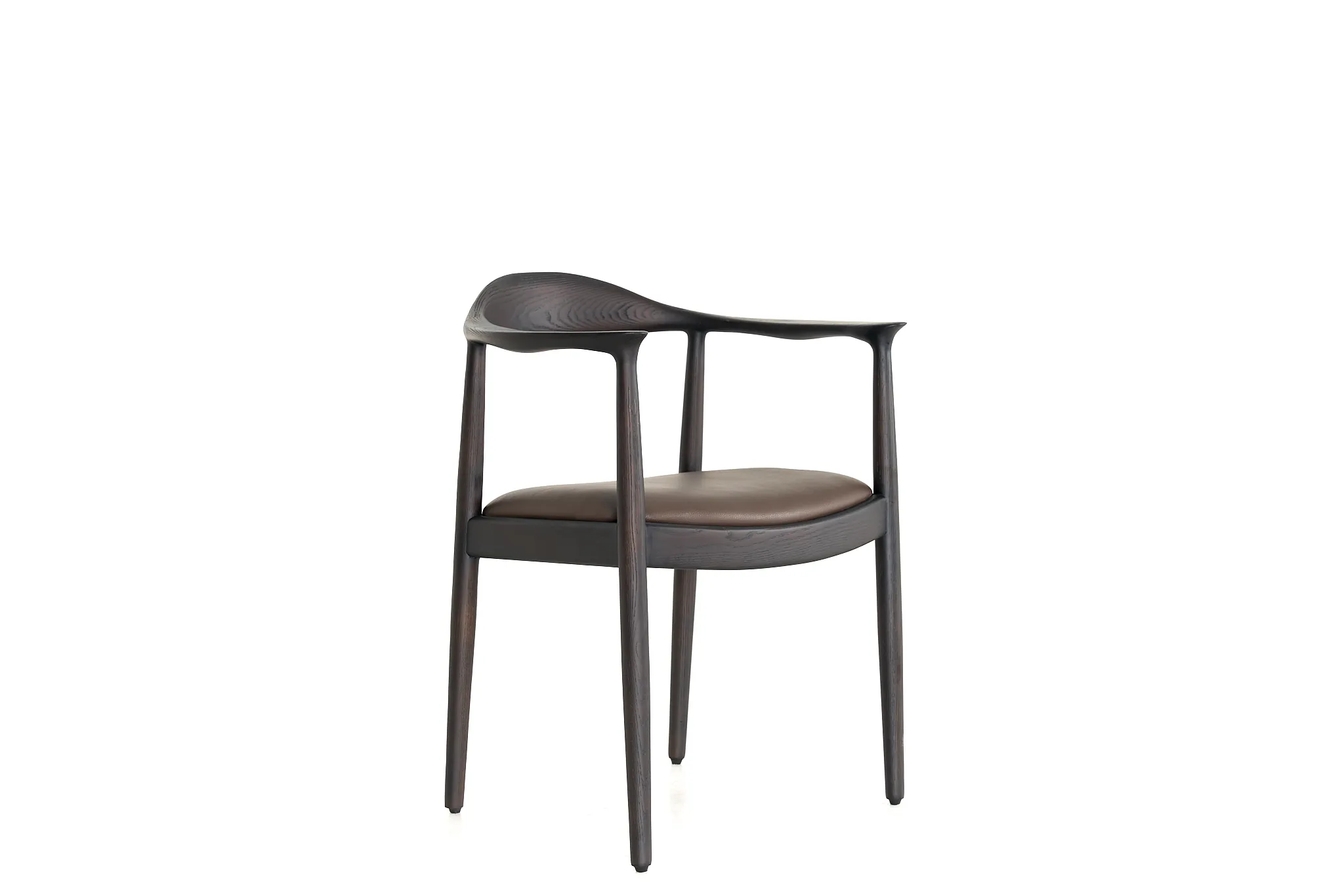 Dark wood dining chair with an upholstered seat and open curved back