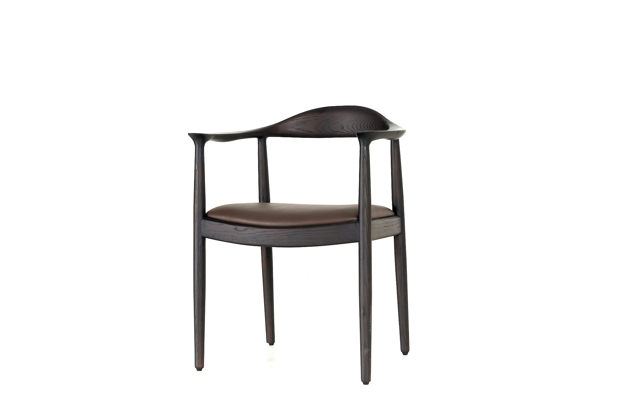 Dining chair with a dark curved wooden frame, arm supports and upholstered seat