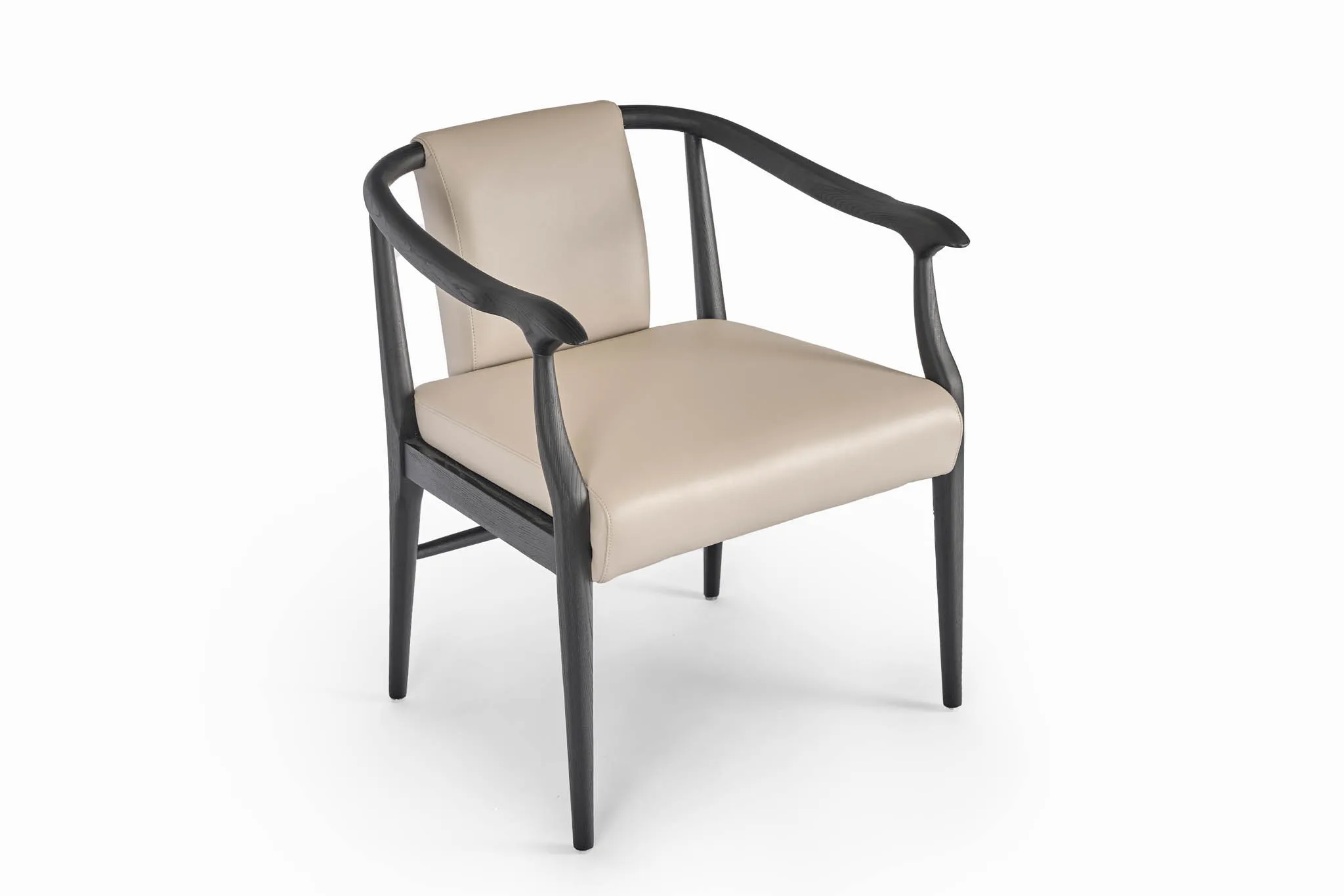 Upholstered dining chair with a dark frame and curved arms