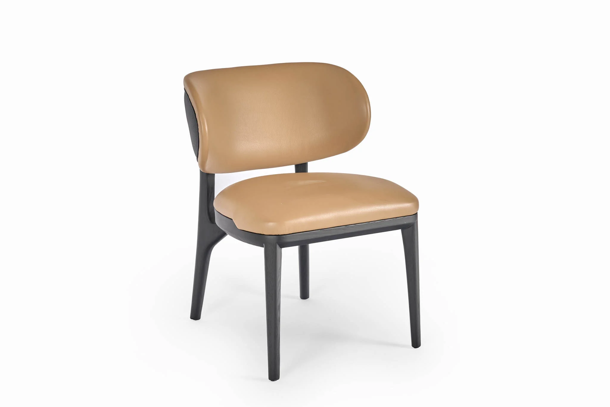 Contoured dining chair with a tan upholstered seat and dark frame