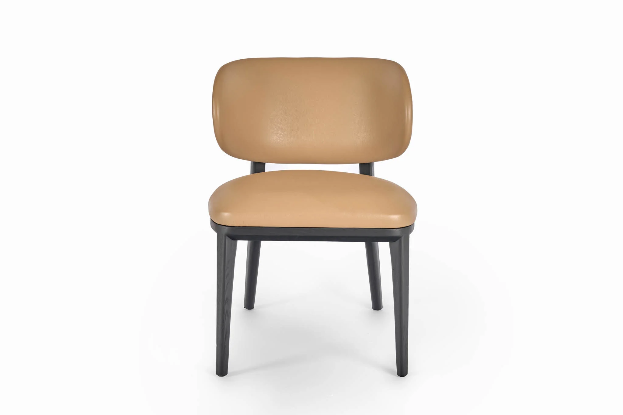 Front view of a dining chair with a tan upholstered seat and separate padded back