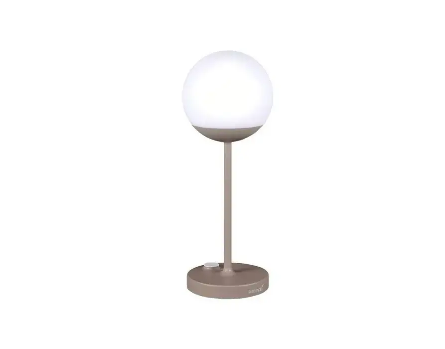 Frosted globe bedside lamp on a slender taupe-coloured stand