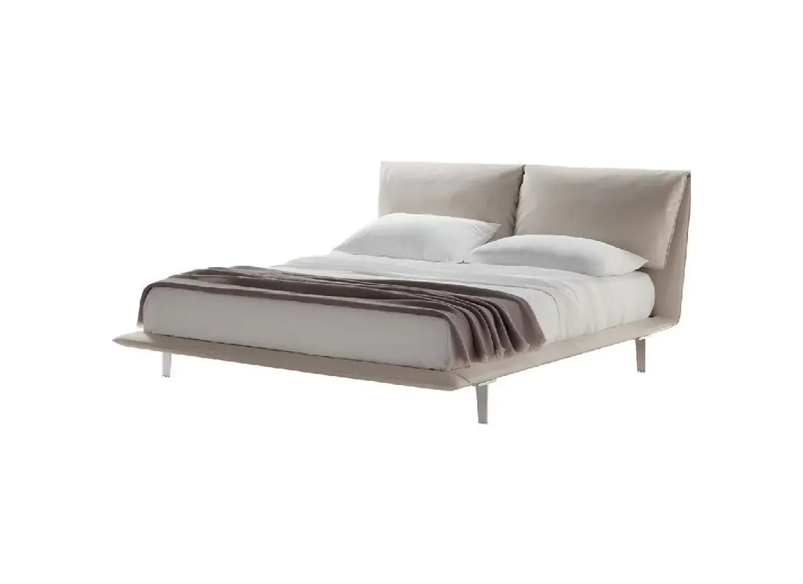 Light grey Nappa bed with a dual-pillow upholstered headboard
