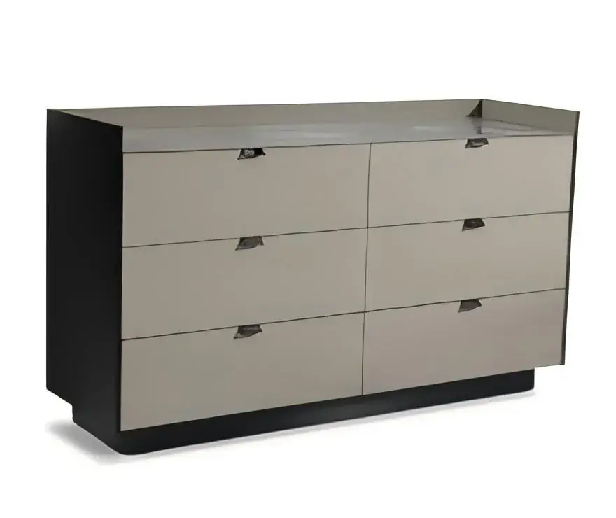 Wide storage dresser with six light-colored drawer fronts and a dark frame