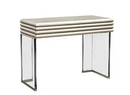 Slim console table with a ribbed padded-looking top and transparent side supports