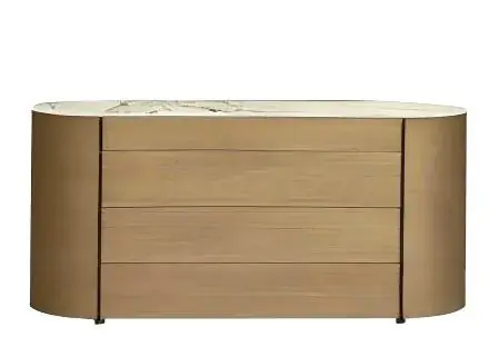 Rounded sideboard with a pale patterned top and broad wood-toned front