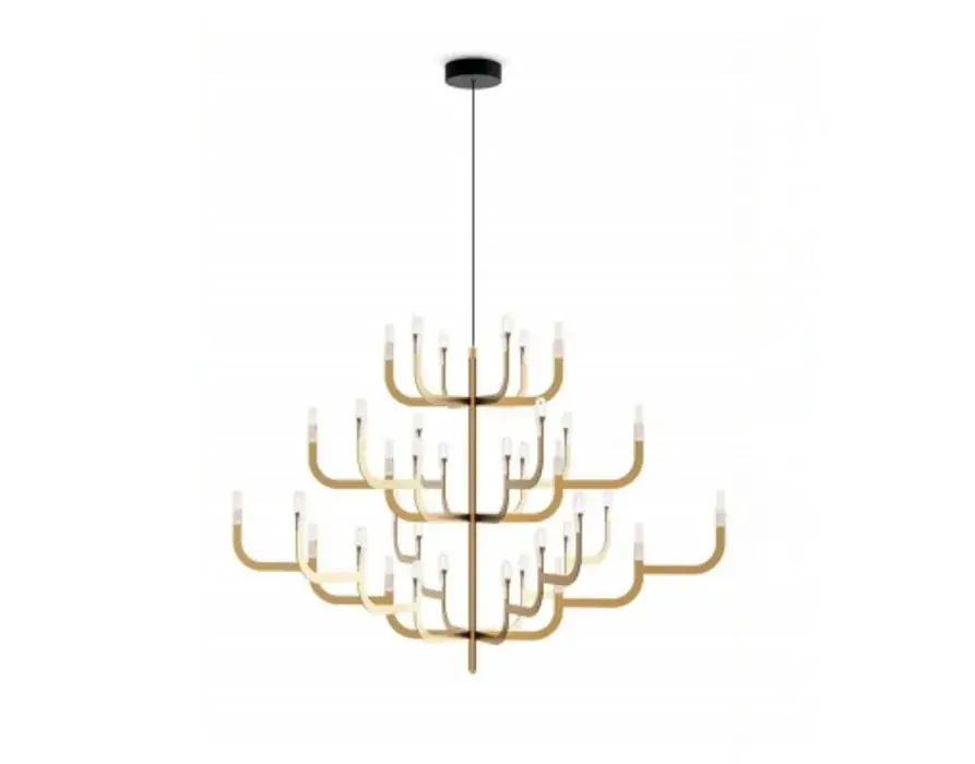 Multi-tier gold-toned branch chandelier suspended beneath a dark ceiling canopy