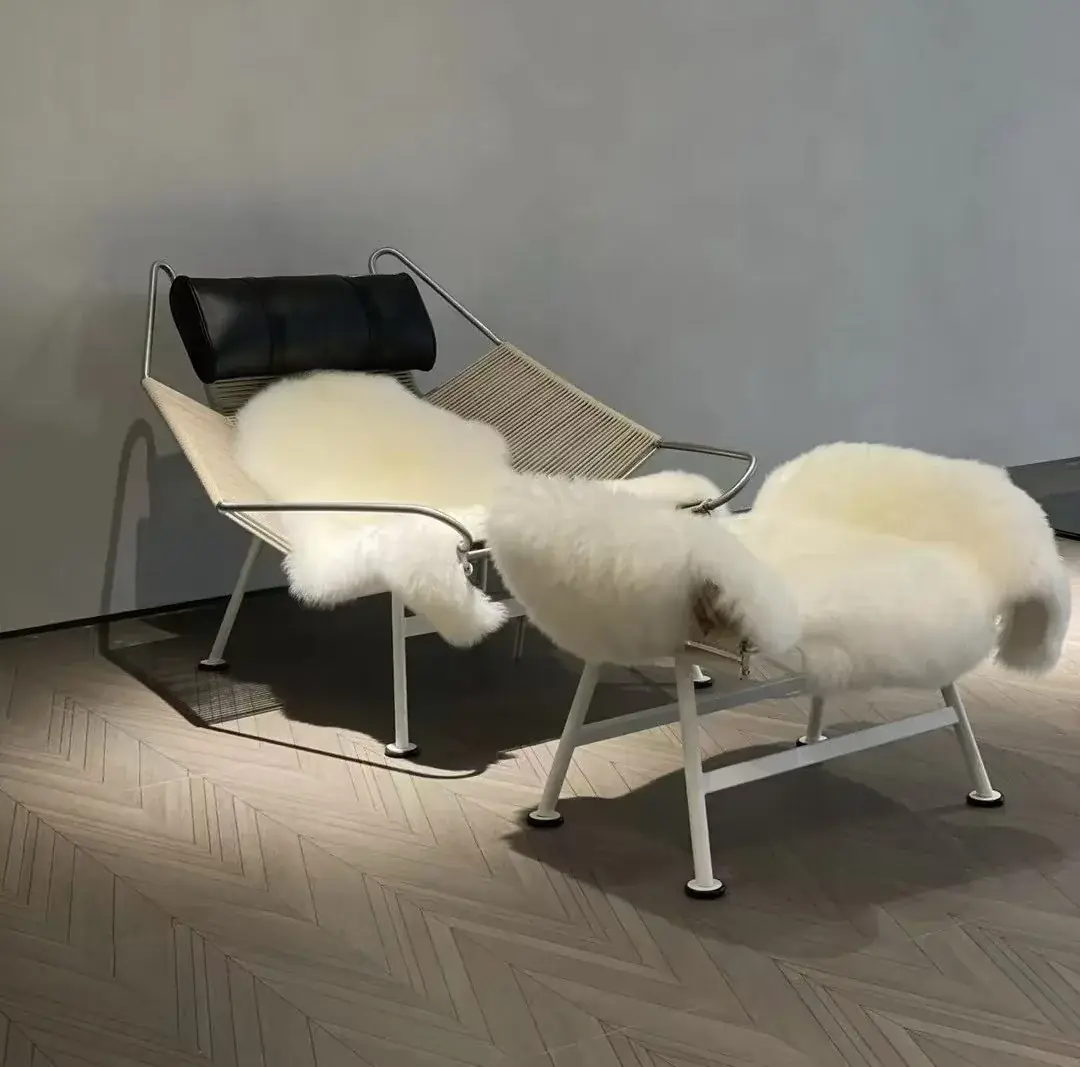 Metal Frame Rope Weave Sheepskin Accent Lounge Chair - HEZEN CASA