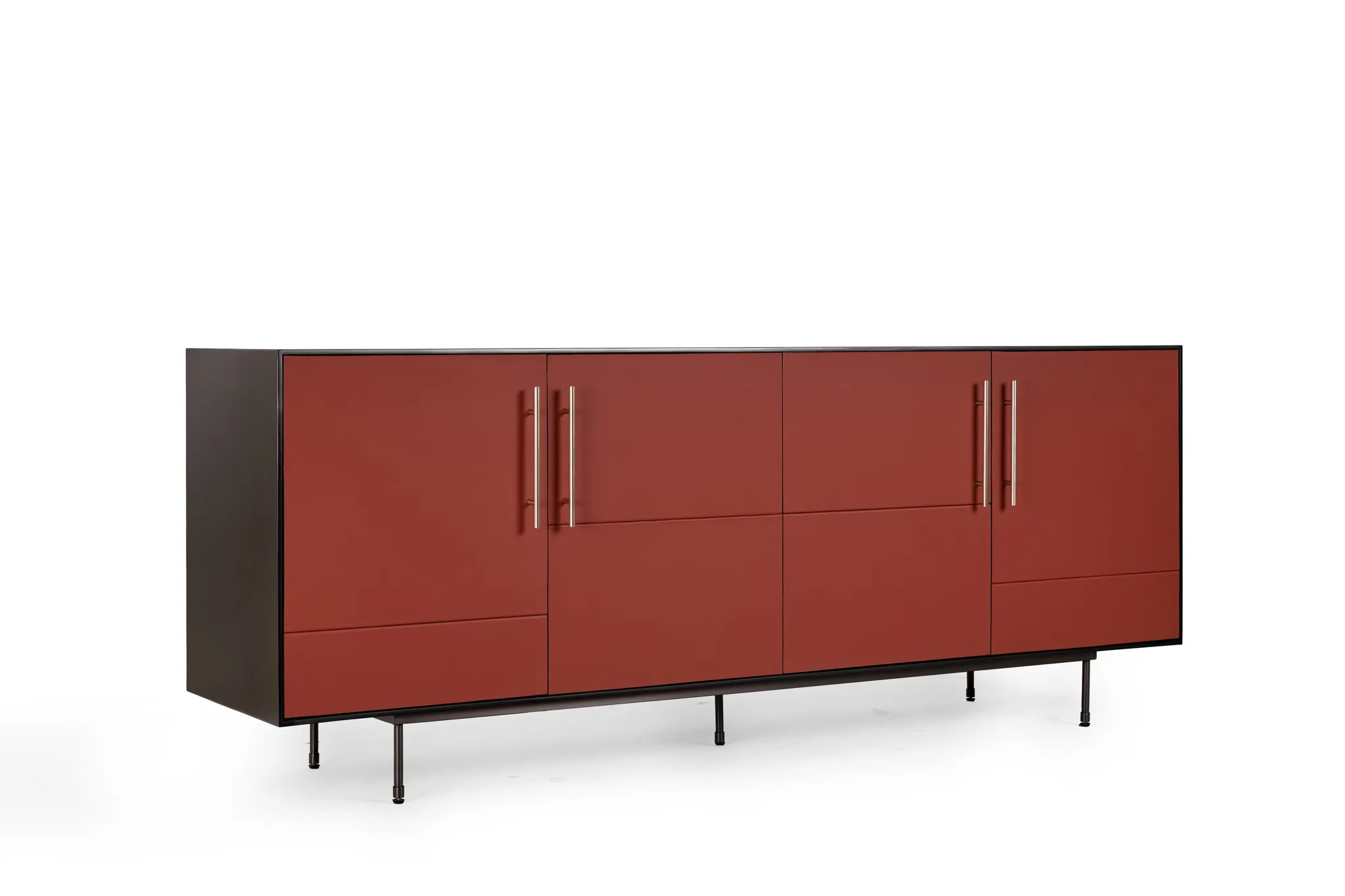 Long storage sideboard with red front panels, paired handles and slim dark legs