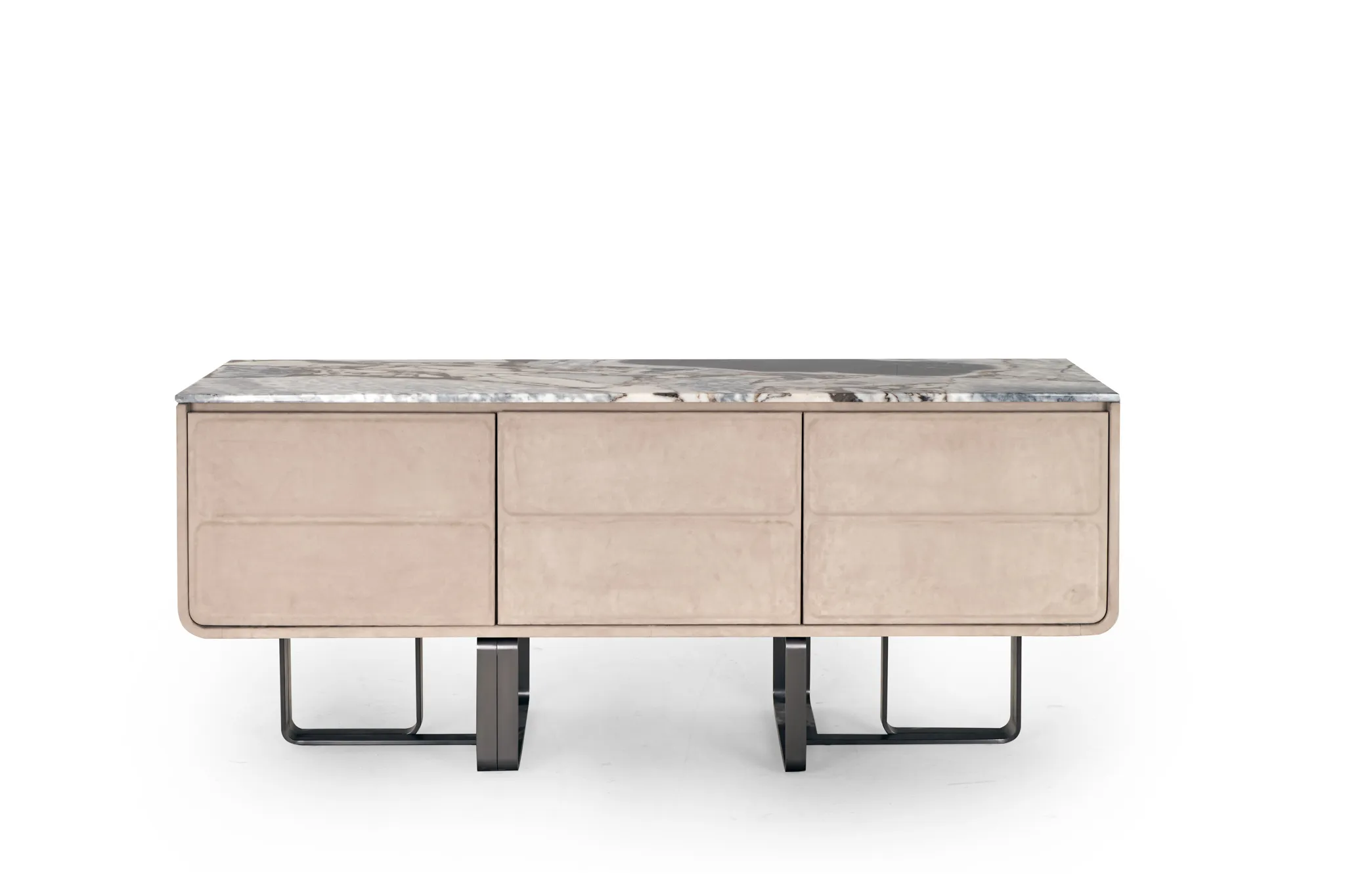 Light-coloured sideboard with a veined stone top and slim dark supports