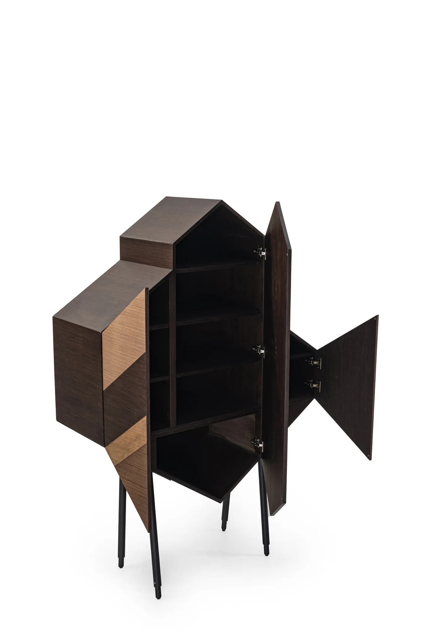 Geometric wooden cabinet with several doors open beside its internal shelves