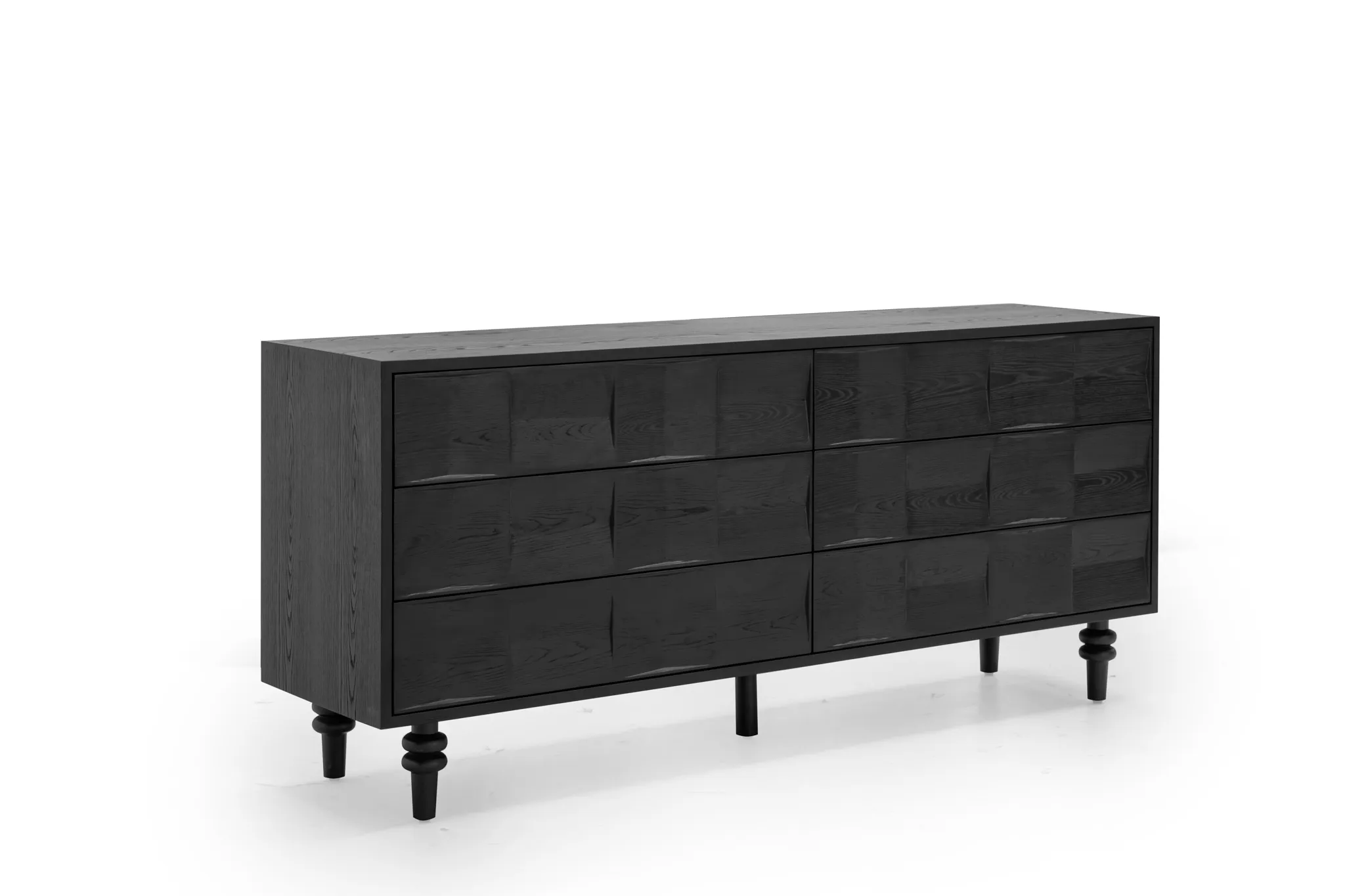 Wide dark storage cabinet with a grid of front panels and short raised feet