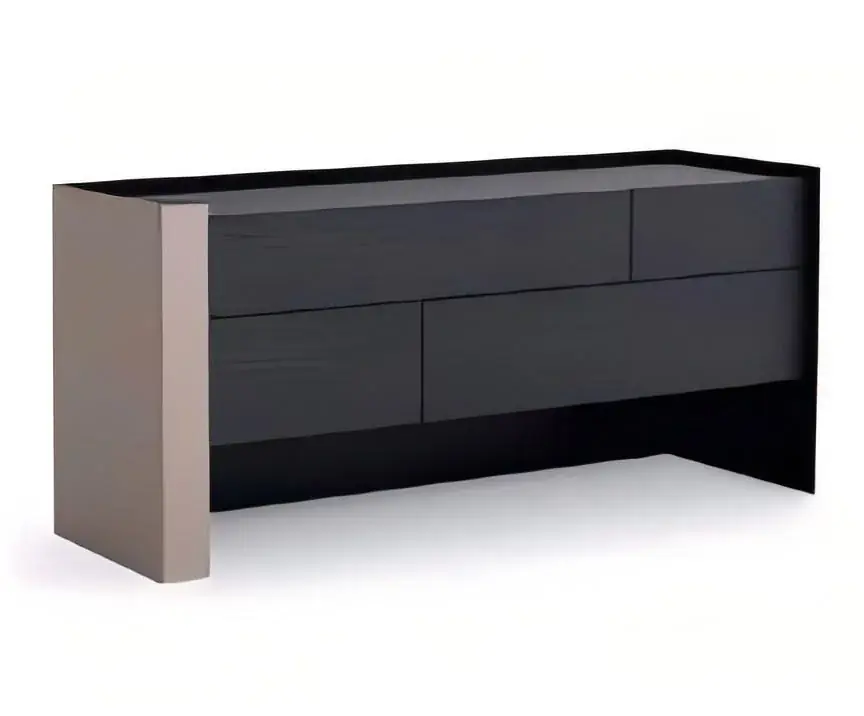 Asymmetric dark wood sideboard with a broad low cabinet form