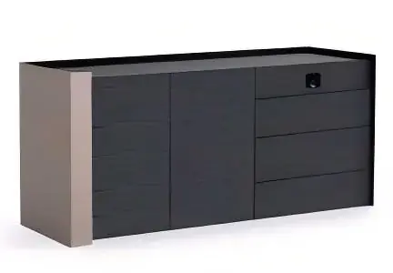 Dark cabinet with storage fronts and a contrasting side panel