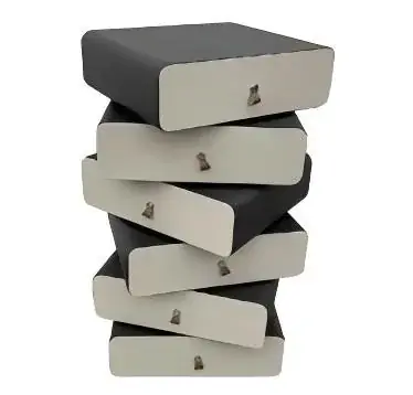 Stacked irregular wooden accent dresser with staggered two-tone drawers