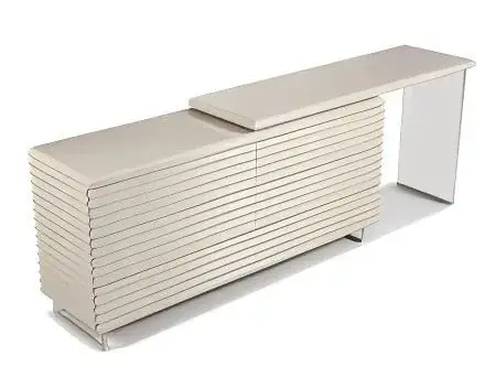 Long cream slatted storage unit with an offset upper surface and open end support